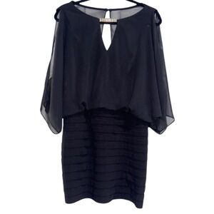 CACHE Sheer Cape Sleeve Bandage Cocktail Dress Rhinestone Keyhole Neck | Sz 4